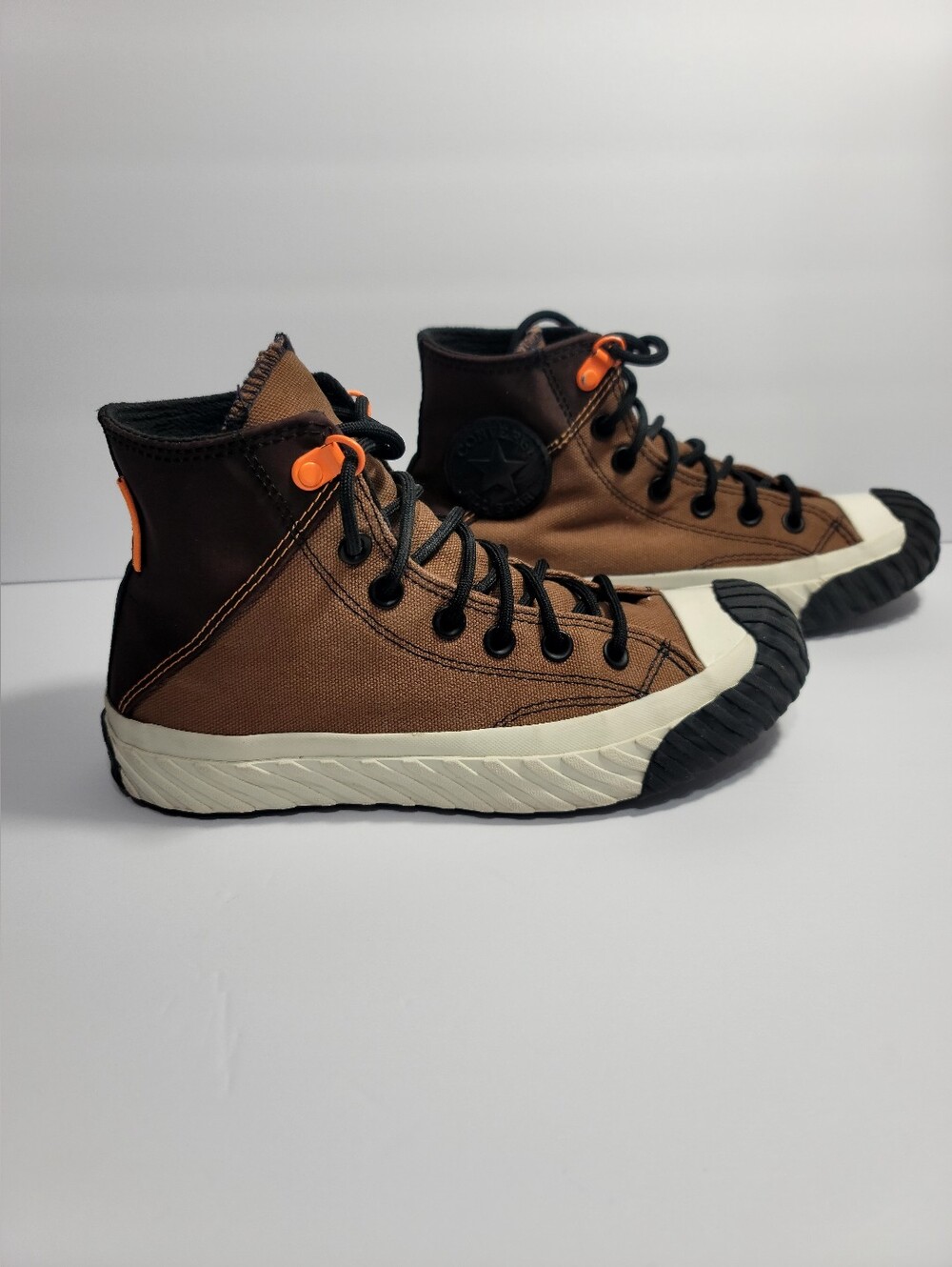 Converse Brown and Black High-Top Canvas Sneakers with Orange Accents